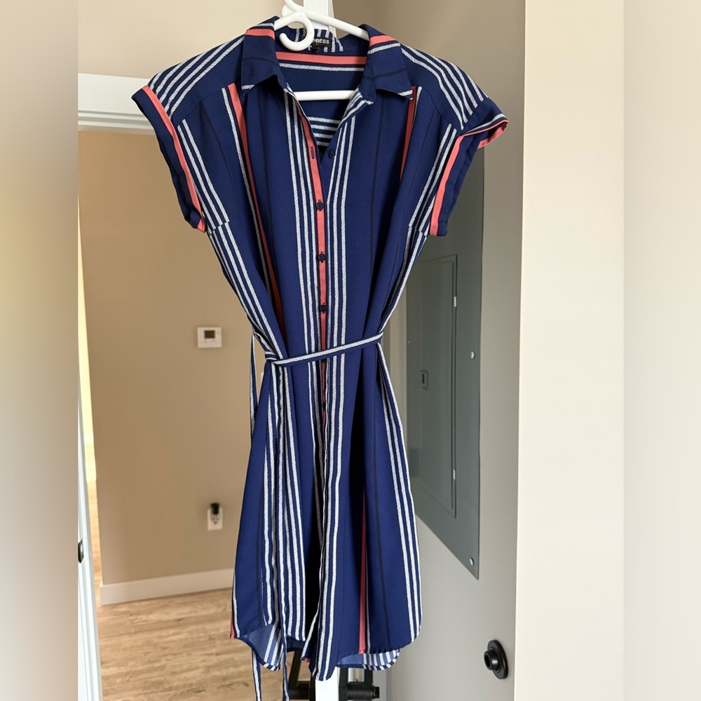 Express Navy and Coral Striped Shirt Dress